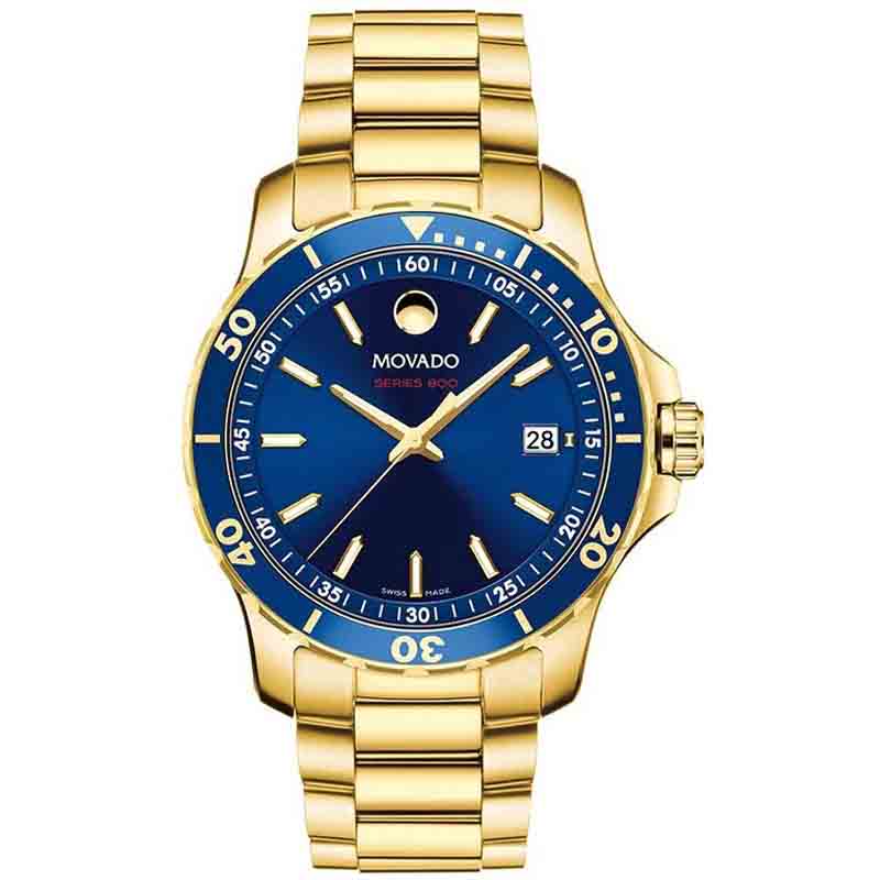 Movado Series 800 Blue Dial Gold Steel Strap Watch- 2600144