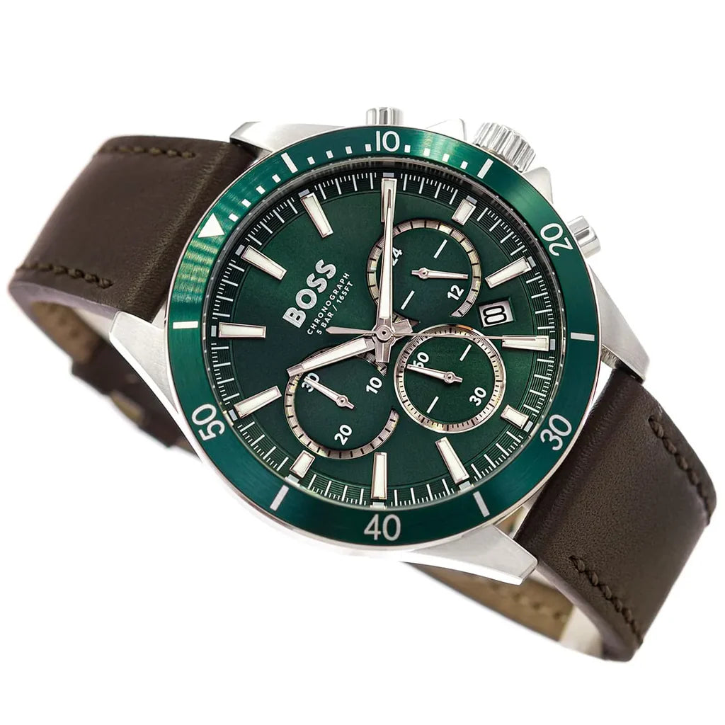 Hugo Boss Troper Chronograph Green Dial Brown Leather Strap Watch - 1514098