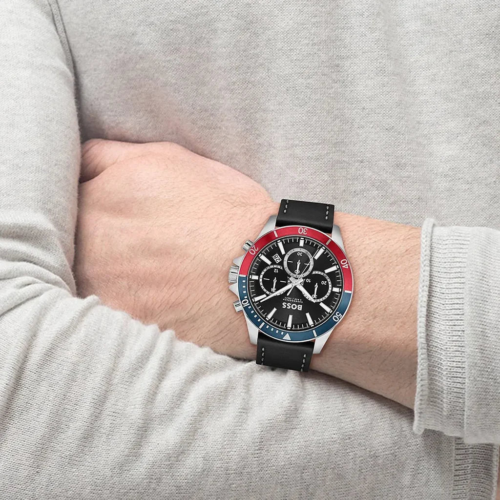 Hugo Boss Troper Chronograph Black Dial Black Leather Strap Watch - 1514099