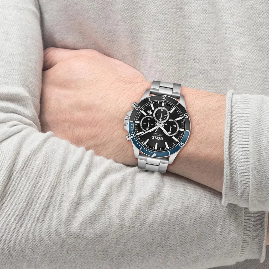 Hugo Boss Troper Chronograph Black Dial Silver Steel Strap Watch - 1514101