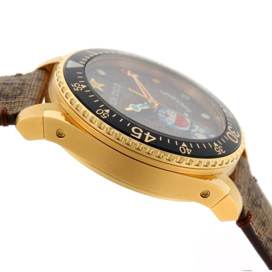 Gucci Dive Doraemon Quartz Brown Dial Brown Leather Strap Watch - YA136335