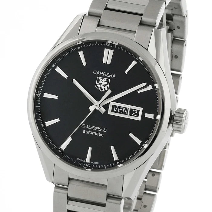 Tag Heuer Carrera Calibre 5 Automatic Black Dial Silver Steel Strap Watch - WAR201A.BA0723