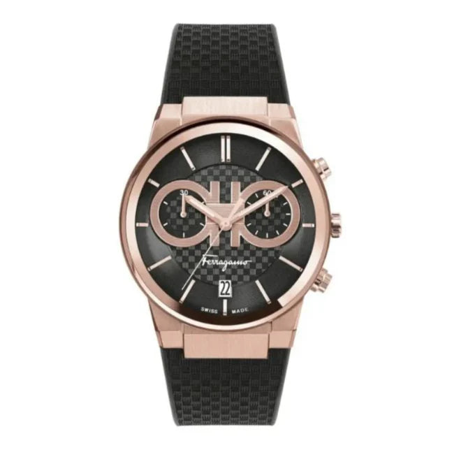Salvatore Ferragamo Sapphire Chrono Black Dial Black Rubber Strap Watch- SFME00721