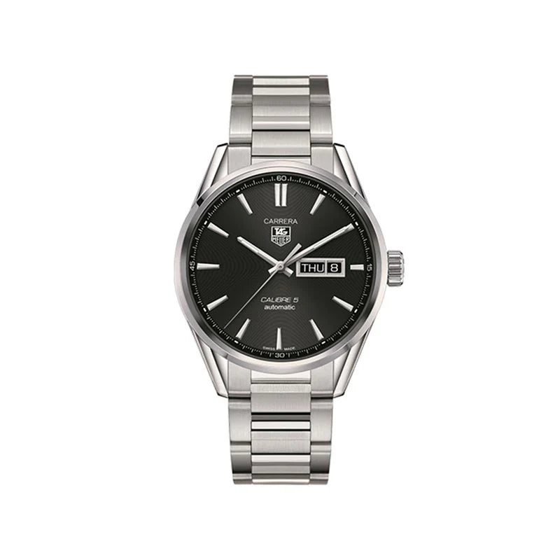Tag Heuer Carrera Calibre 5 Automatic Black Dial Silver Steel Strap Watch - WAR201A.BA0723