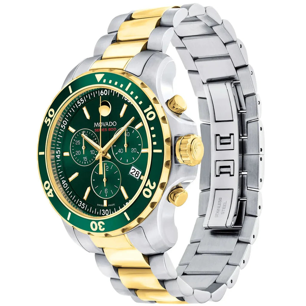Movado Series 800 Chronograph Green Dial Two Tone Steel Strap Watch- 2600148