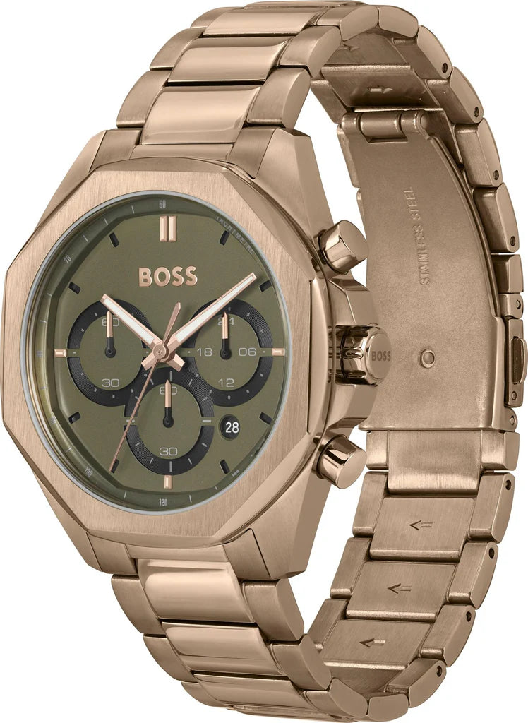 Hugo Boss Classic Chronograph Green Dial Beige Gold Steel Strap Watch - 1514019