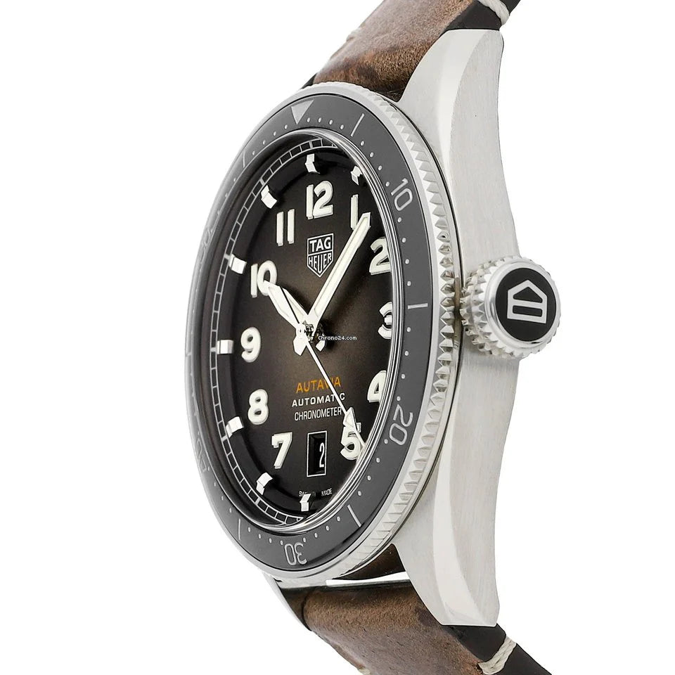Tag Heuer Autavia Automatic Grey Dial Brown Leather Strap Watch- WBE5114.FC8266