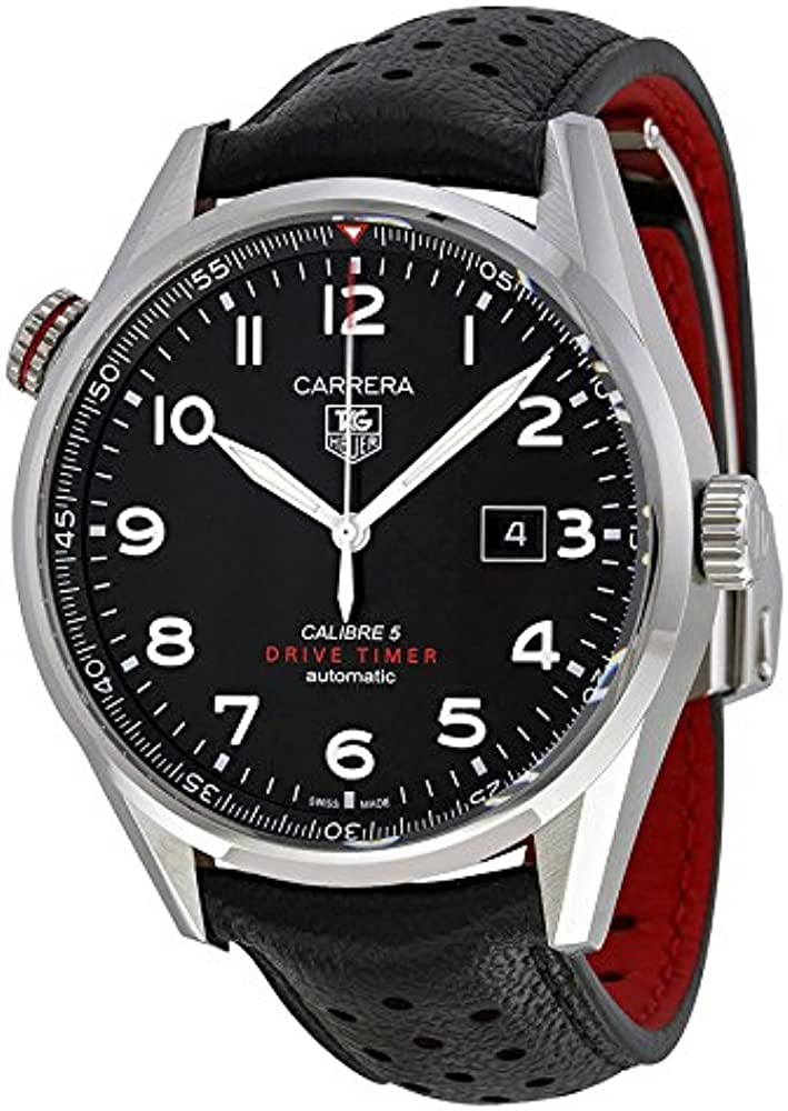 Tag Heuer Carrera Calibre 5 Drive Timer Black Dial Black Leather Strap Watch- WAR2A10.FC6337
