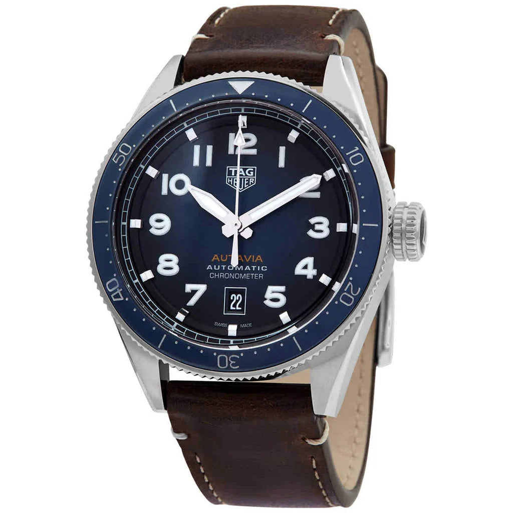 Tag Heuer Autavia Calibre 5 Automatic Blue Dial Brown Leather Strap Watch- WBE5116.FC8266