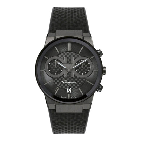 Salvatore Ferragamo Sapphire Chrono Black Dial Black Rubber Strap Watch- SFME00621