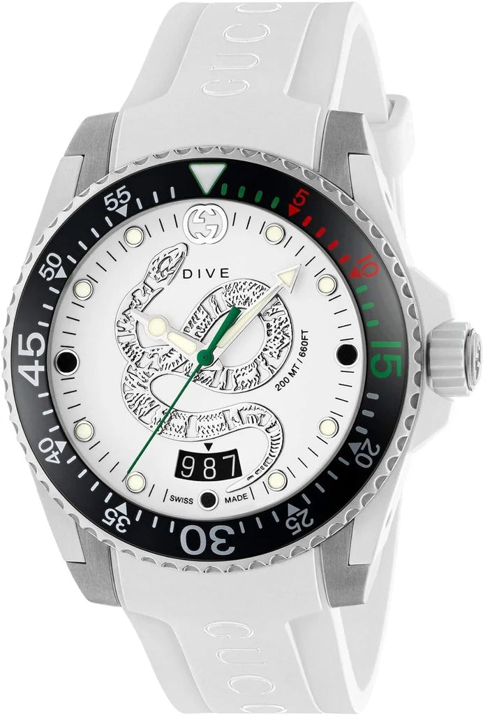 Gucci Dive Quartz White Dial White Rubber Strap Watch - YA136330