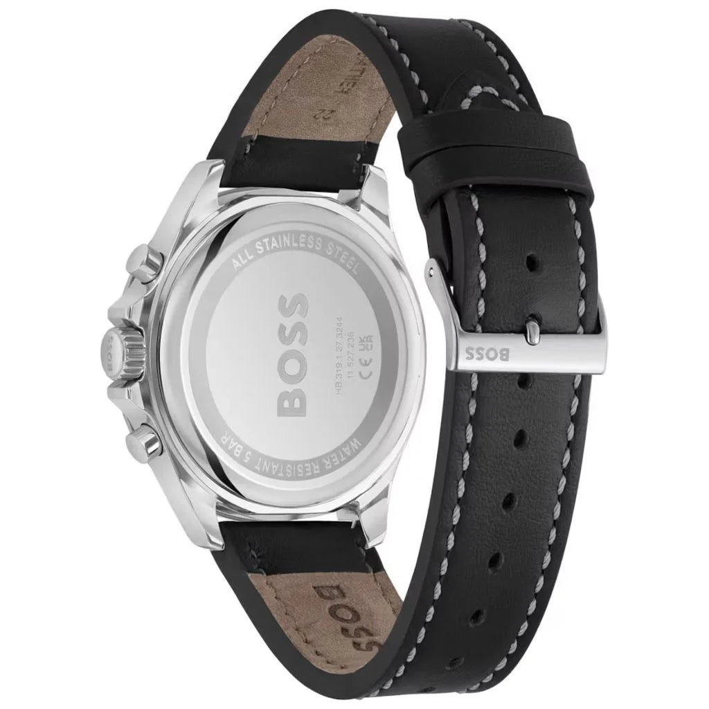 Hugo Boss Troper Chronograph Black Dial Black Leather Strap Watch - 1514099