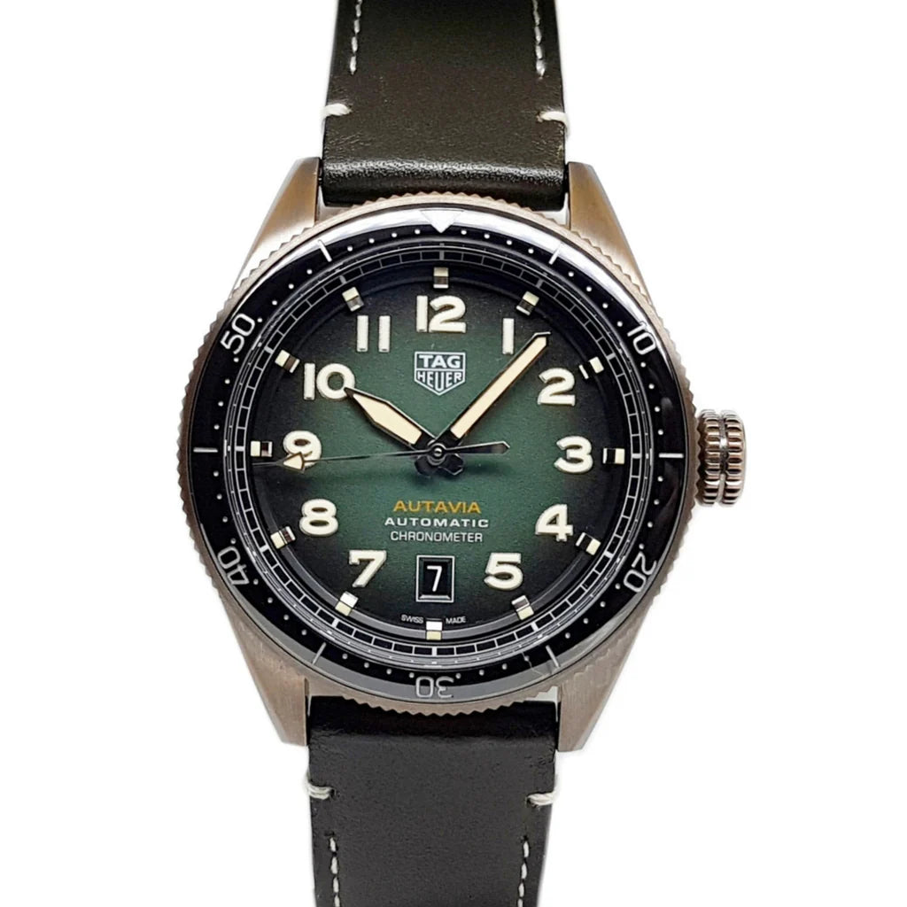 Tag Heuer Autavia Calibre 5 Automatic Olive Green Dial Green Leather Strap Watch - WBE5190.FC8268