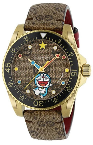 Gucci Dive Doraemon Quartz Brown Dial Brown Leather Strap Watch - YA136335