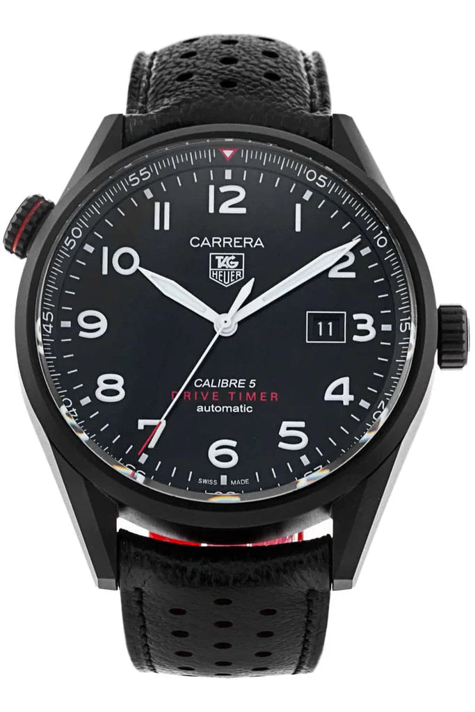 Tag Heuer Carrera Calibre 5 Drive Timer Black Dial Black Leather Strap Watch- WAR2A80.FC6337