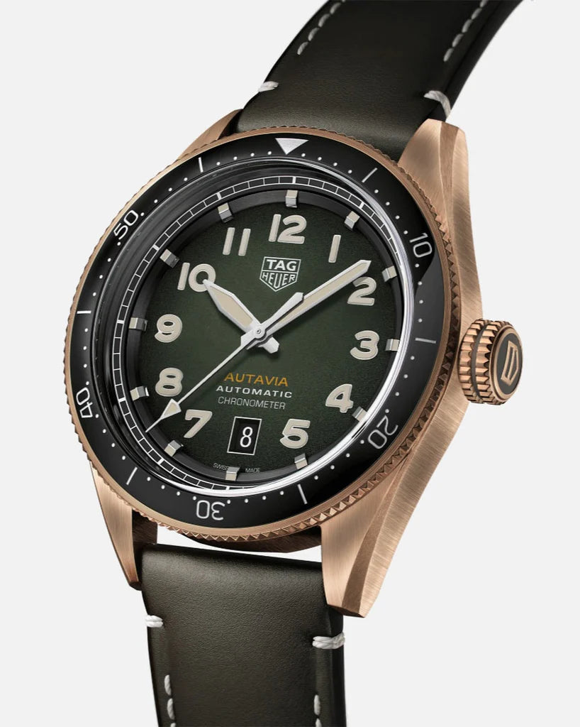 Tag Heuer Autavia Calibre 5 Automatic Olive Green Dial Green Leather Strap Watch - WBE5190.FC8268
