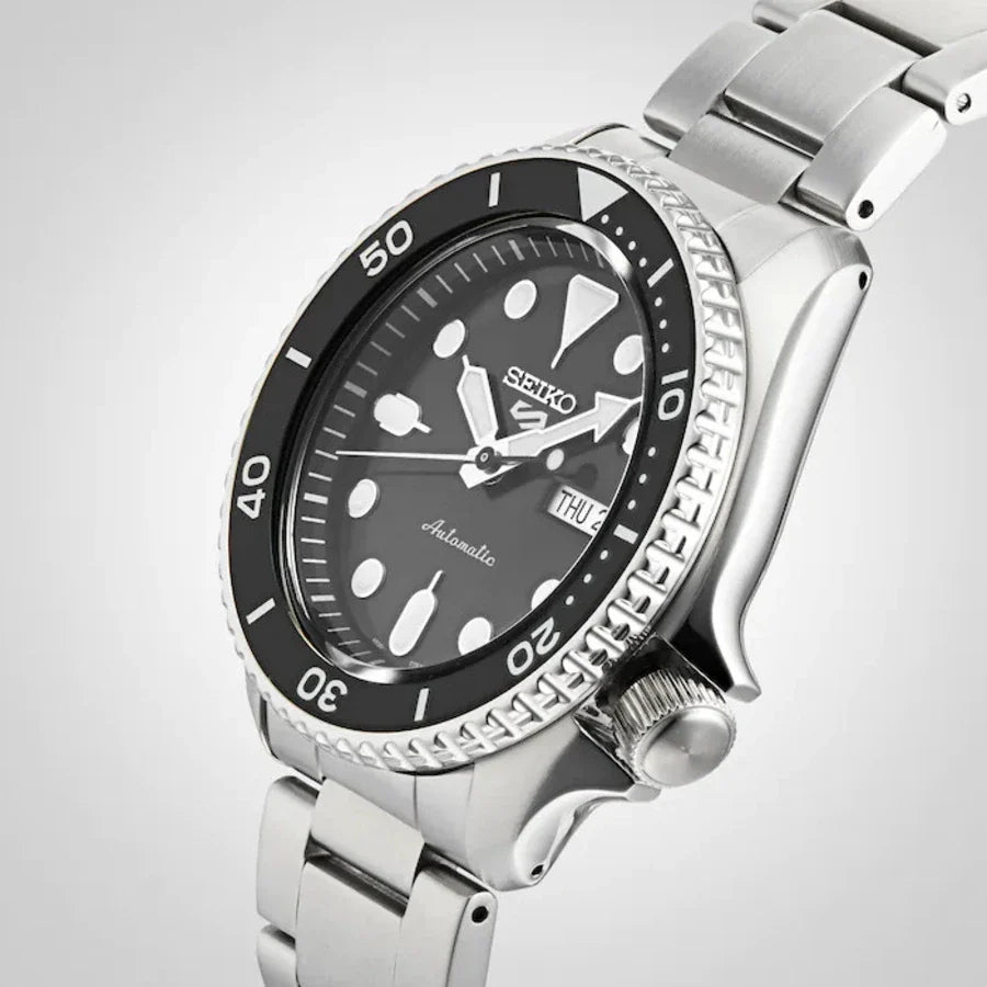 Seiko 5 Sports Automatic Day Date Black Dial Silver Steel Strap Watch f - SRPD55K1
