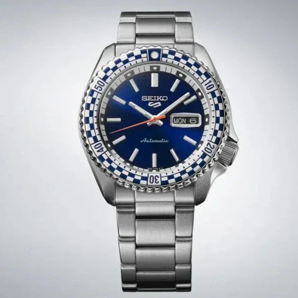Seiko 5 Sports Petrol Blue Checker Flag Special Edition Blue Dial Silver Steel Strap Watch - SRPK65K1