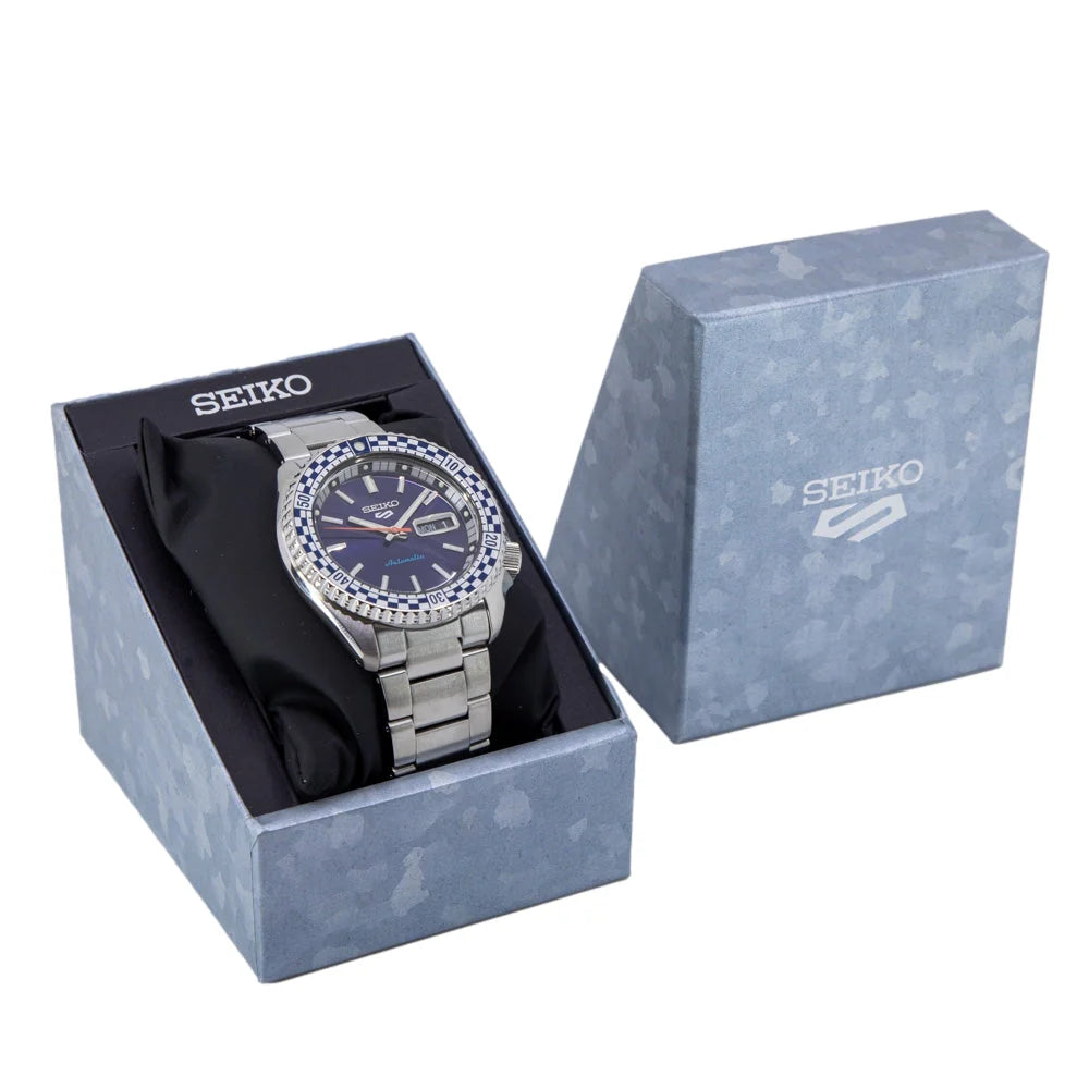 Seiko 5 Sports Petrol Blue Checker Flag Special Edition Blue Dial Silver Steel Strap Watch - SRPK65K1