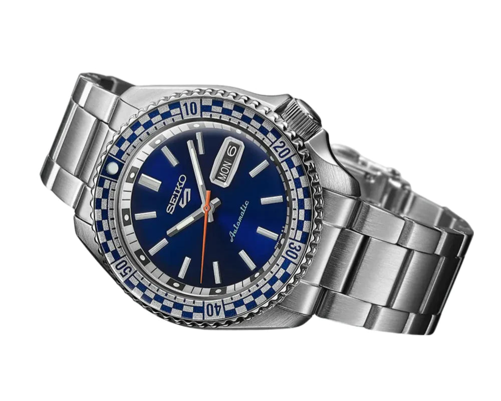 Seiko 5 Sports Petrol Blue Checker Flag Special Edition Blue Dial Silver Steel Strap Watch - SRPK65K1