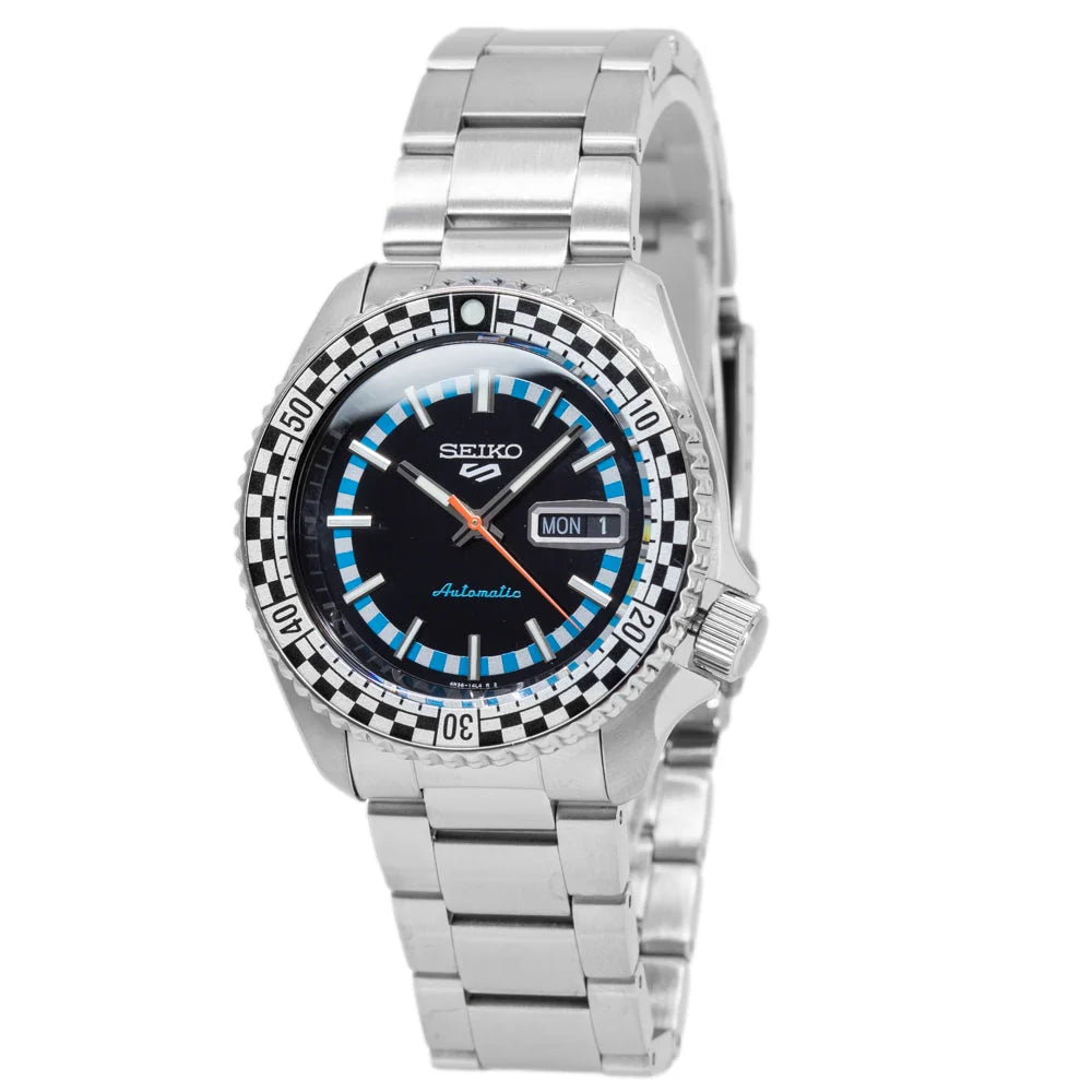 Seiko 5 Sports Checker Flag Special Edition Black Dial Silver Steel Strap Watch- SRPK67K1