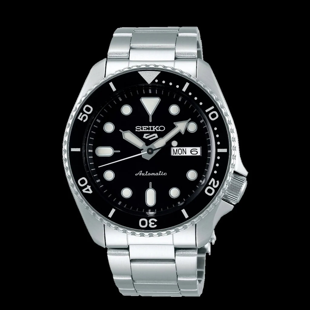 Seiko 5 Sports Automatic Day Date Black Dial Silver Steel Strap Watch f - SRPD55K1