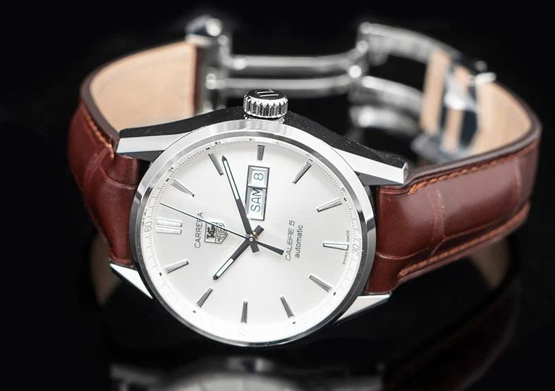 Tag Heuer Carrera Calibre 5 Automatic White Dial Brown Leather Strap Watch- WAR201B.FC6291