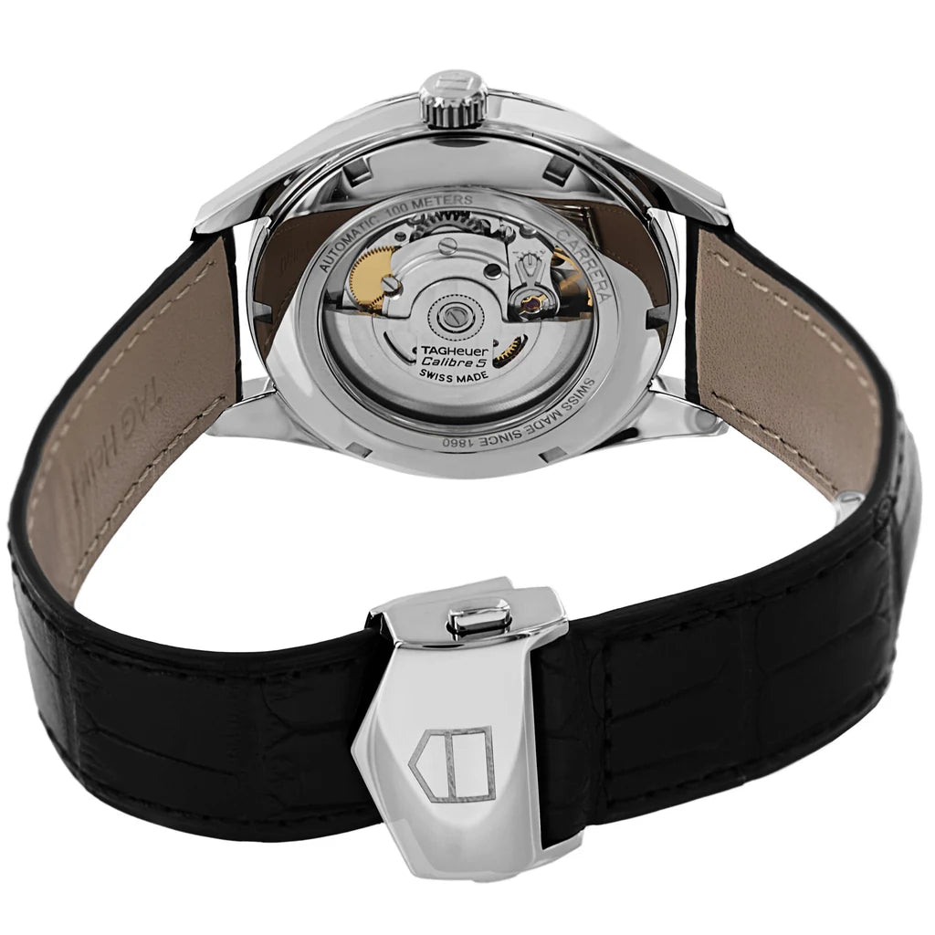 Tag Heuer Carrera Calibre 5 Automatic Black Dial Black Leather Strap Watch- WAR201C.FC6266