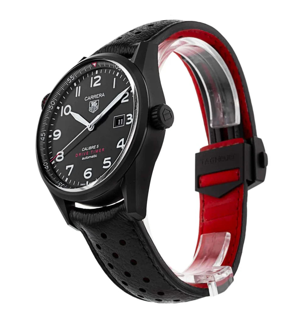 Tag Heuer Carrera Calibre 5 Drive Timer Black Dial Black Leather Strap Watch- WAR2A80.FC6337