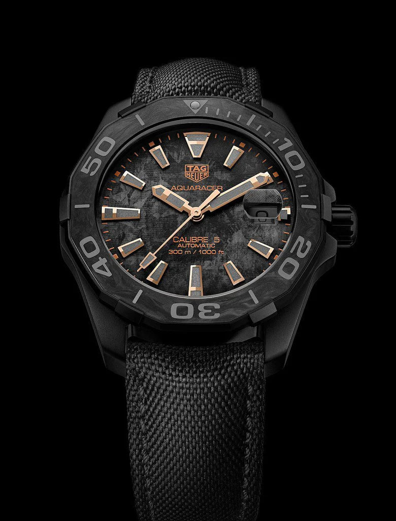 Tag Heuer Aquaracer Calibre 5 Black NATO Strap Carbon Dial Watch- WBD218A.FC6445