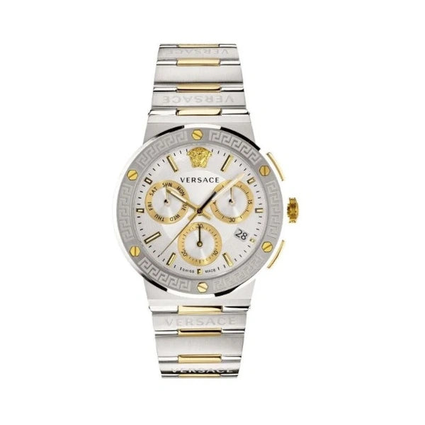 Versace Greca Chronograph White Dial Two Tone Steel Strap Watch- VEZ900321