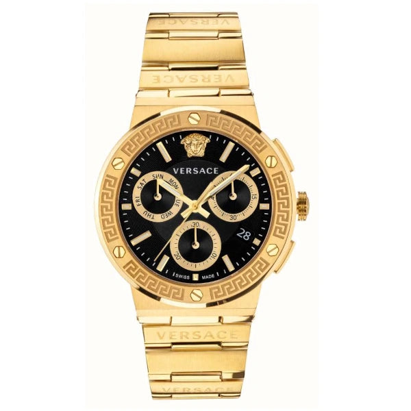 Versace Greca Chronograph Black Dial Gold Steel Strap Watch - VEZ900421
