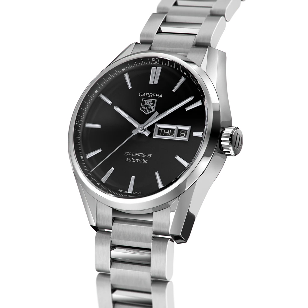 Tag Heuer Carrera Calibre 5 Automatic Black Dial Silver Steel Strap Watch - WAR201A.BA0723