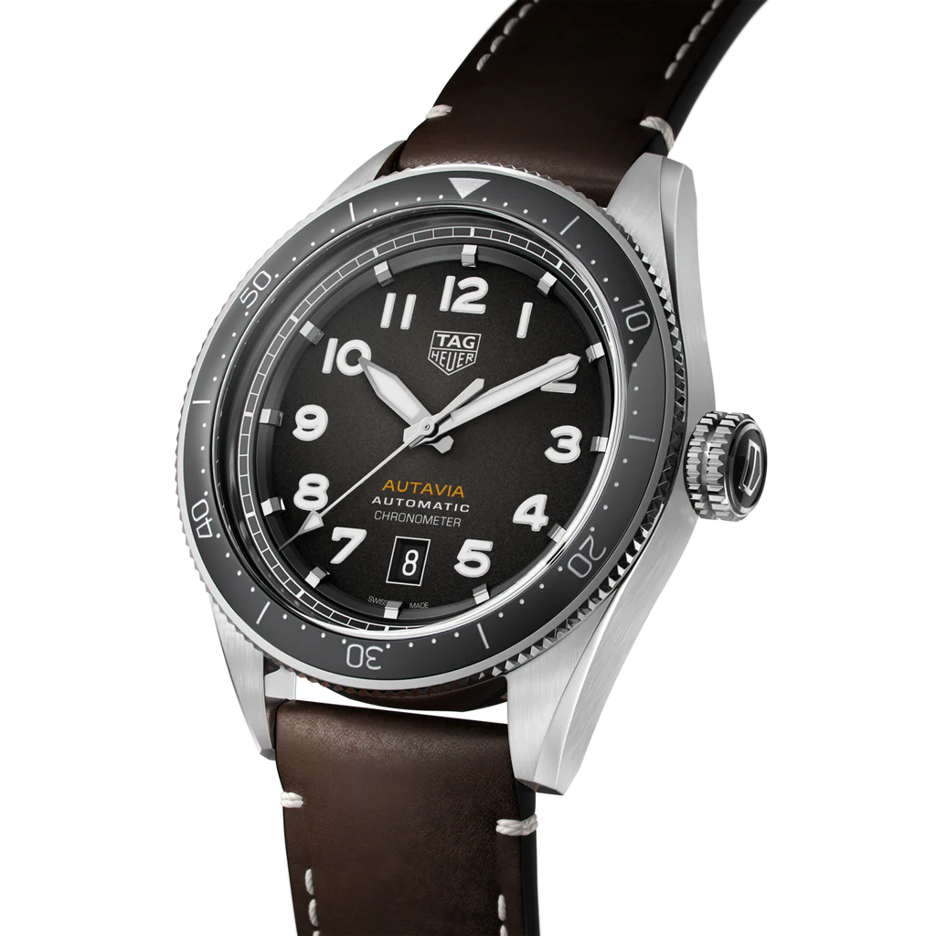 Tag Heuer Autavia Automatic Grey Dial Brown Leather Strap Watch- WBE5114.FC8266