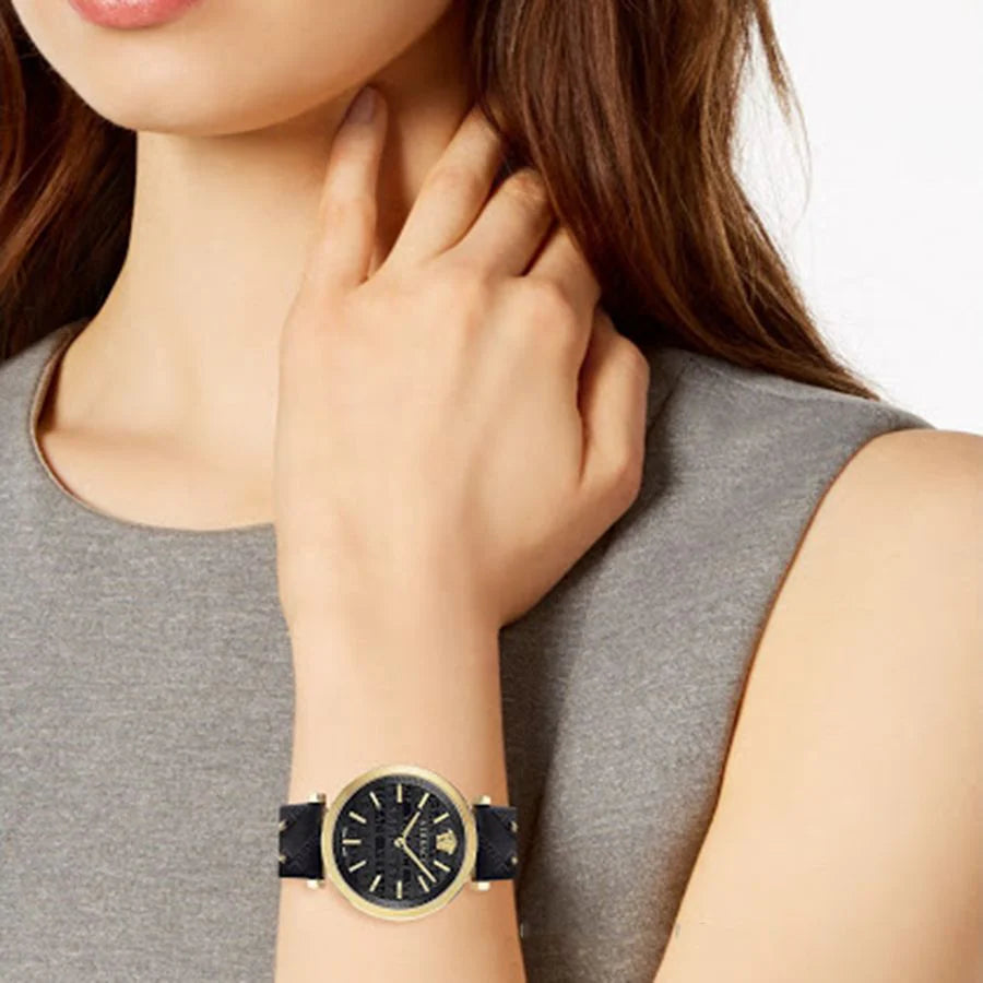 Versace V-Twist Black Dial Black Leather Strap Watch- VELS00619