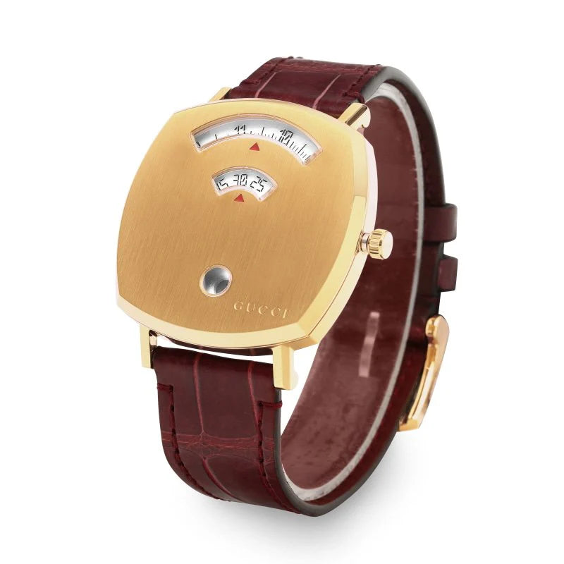 Gucci Grip Quartz Gold Dial Maroon Leather Strap Watch - YA157402