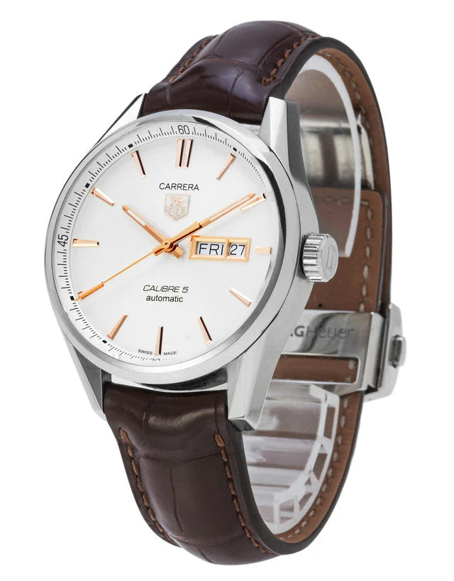 Tag Heuer Carrera Calibre 5 Automatic White Dial Brown Leather Strap Watch- WAR201D.FC6291