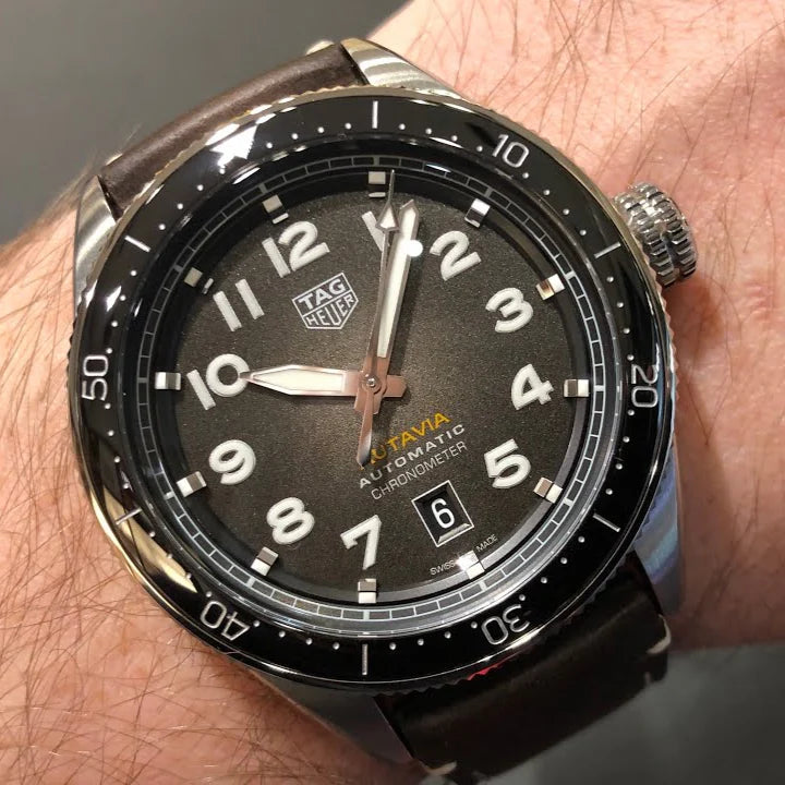 Tag Heuer Autavia Automatic Grey Dial Brown Leather Strap Watch- WBE5114.FC8266