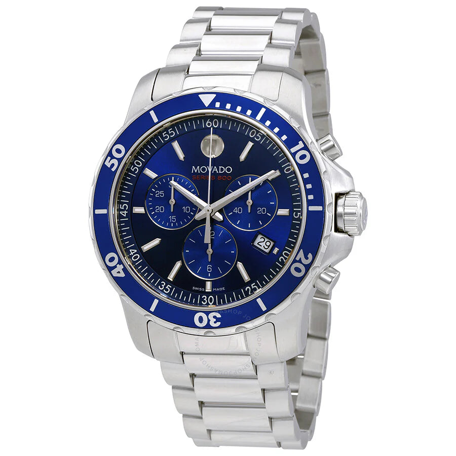Movado Series 800 Chronograph Blue Dial Silver Steel Strap Watch- 2600141