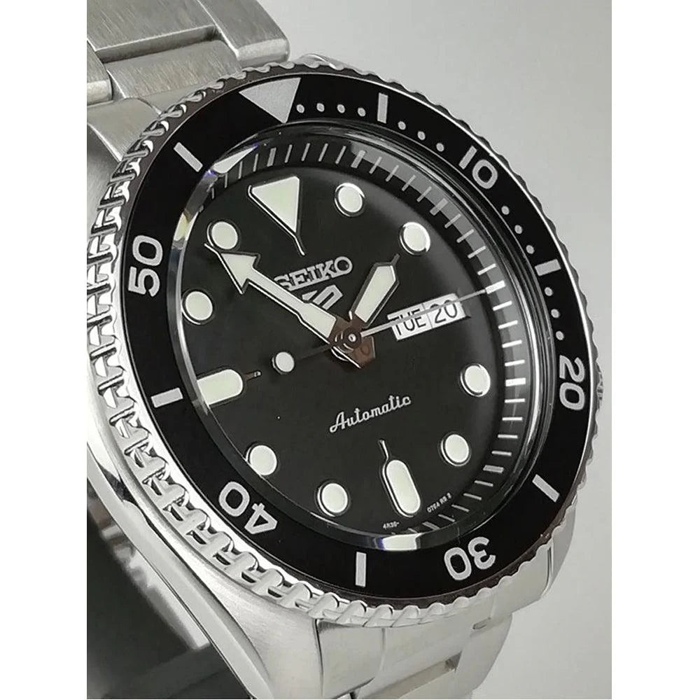 Seiko 5 Sports Automatic Day Date Black Dial Silver Steel Strap Watch f - SRPD55K1
