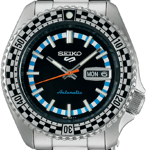 Seiko 5 Sports Checker Flag Special Edition Black Dial Silver Steel Strap Watch- SRPK67K1