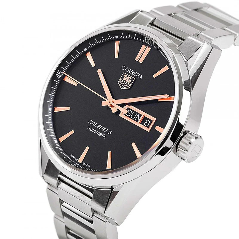 Tag Heuer Carrera Calibre 5 Automatic Black Dial Silver Steel Strap Watch- WAR201C.BA0723