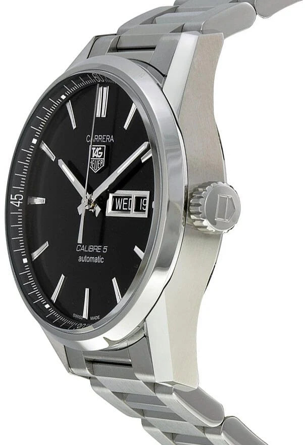 Tag Heuer Carrera Calibre 5 Automatic Black Dial Silver Steel Strap Watch - WAR201A.BA0723