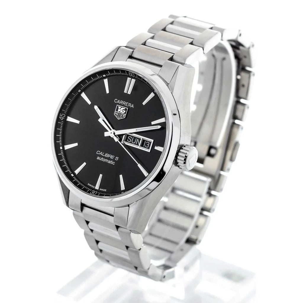 Tag Heuer Carrera Calibre 5 Automatic Black Dial Silver Steel Strap Watch - WAR201A.BA0723