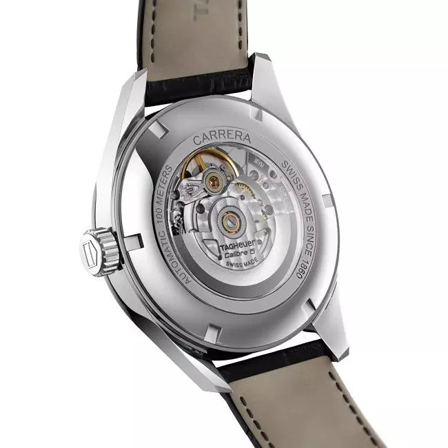 Tag Heuer Carrera Calibre 5 Automatic Black Dial Black Leather Strap Watch- WAR201C.FC6266