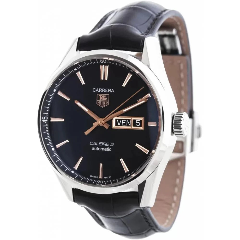 Tag Heuer Carrera Calibre 5 Automatic Black Dial Black Leather Strap Watch- WAR201C.FC6266