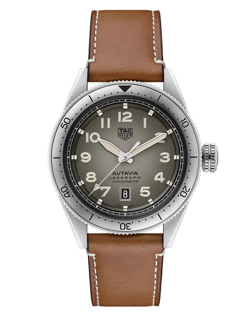 Tag Heuer Autavia Isograph Grey Dial Calfskin Brown Leather Strap Watch- WBE5111.FC8267