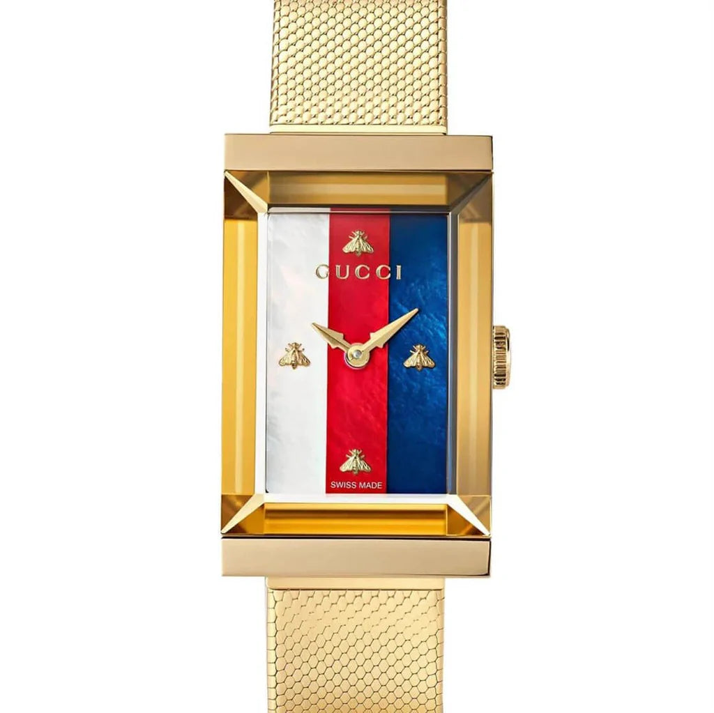 Gucci G-Frame Mother of Pearl Dial Yellow Gold Mesh Bracelet Watch - YA147410
