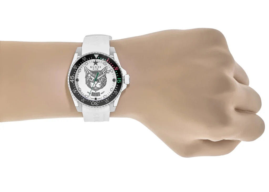 Gucci Dive Tiger White Dial White Rubber Strap Watch - YA136329