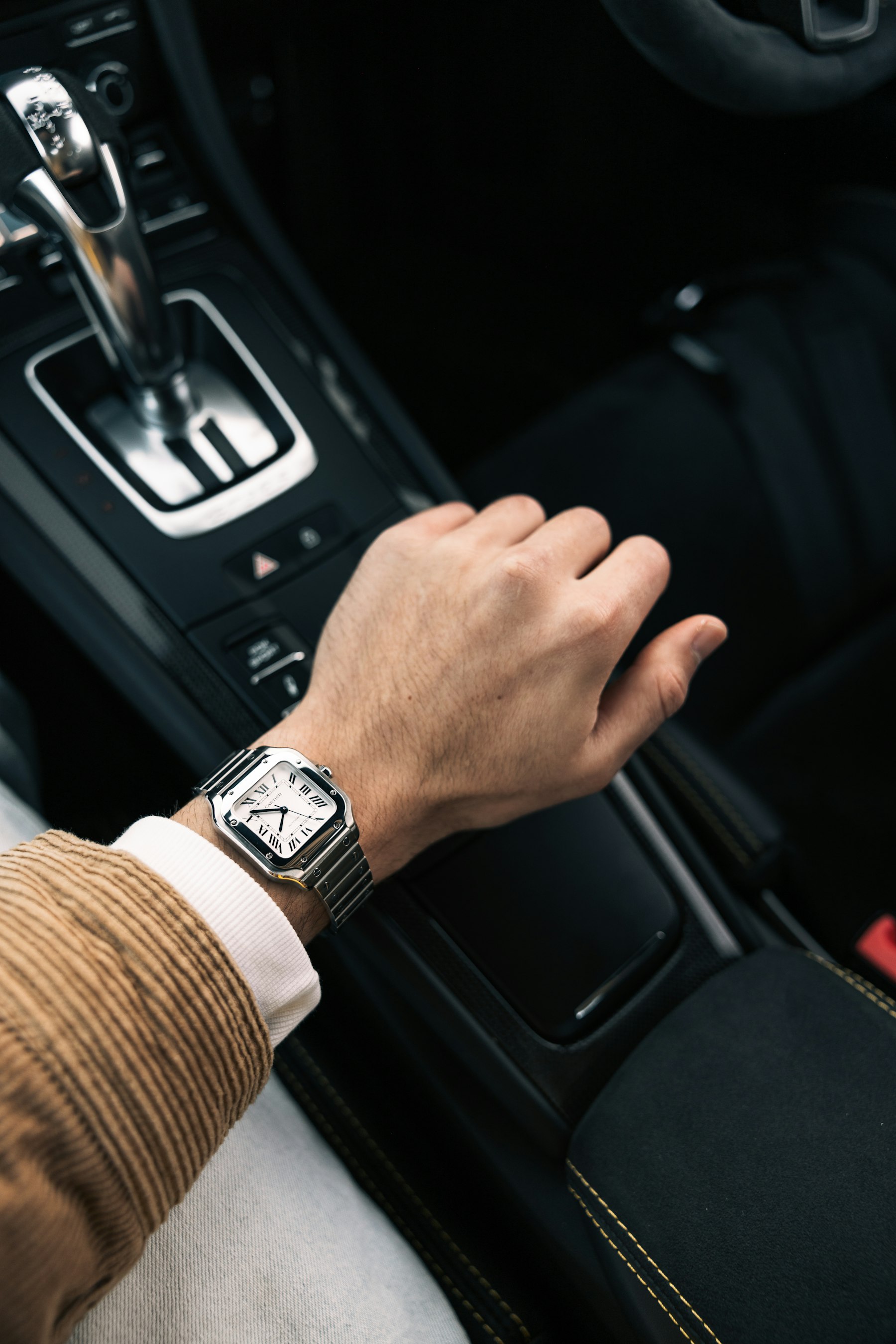 Cartier Santos worn on the wrist while driving